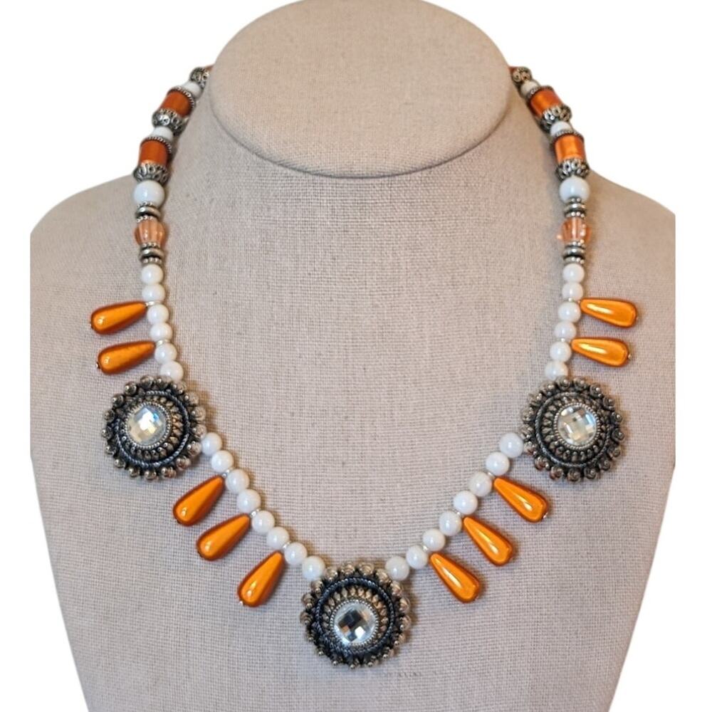 Orange Teardrop Dangle White Glass Rhinestone Bali Inspired 18.5" Necklace